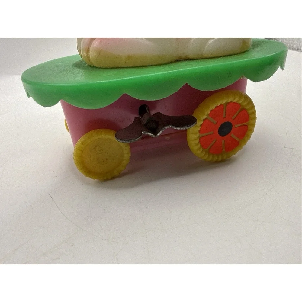 Vintage 60s Celluloid Wind Up  Toy Bunny Chicks Umbrella Bobble WORKS